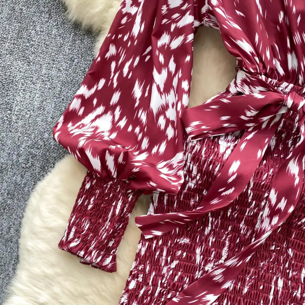Women Casual Vintage Print Ruffle Long Dress Autumn Elegant V Neck Lantern Sleeve Party Mermaid Dresses Holiday Female Mujer New