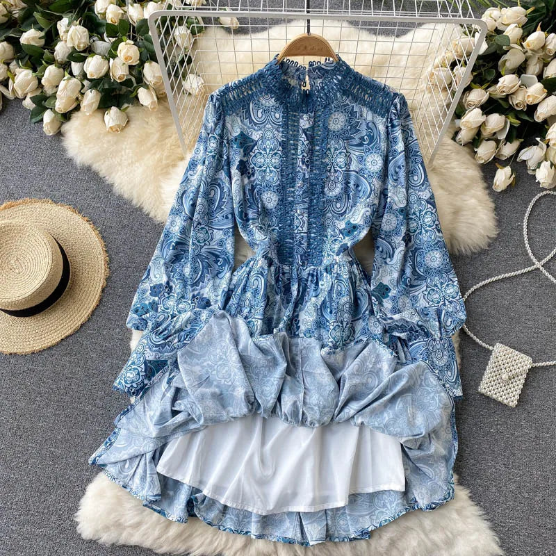 Spring Summer Women Dresses Elegant Vintage Print Holiday Bohemian Beach Dress Stand Collar Long Sleeve Ruffle Tiered Mini Dress