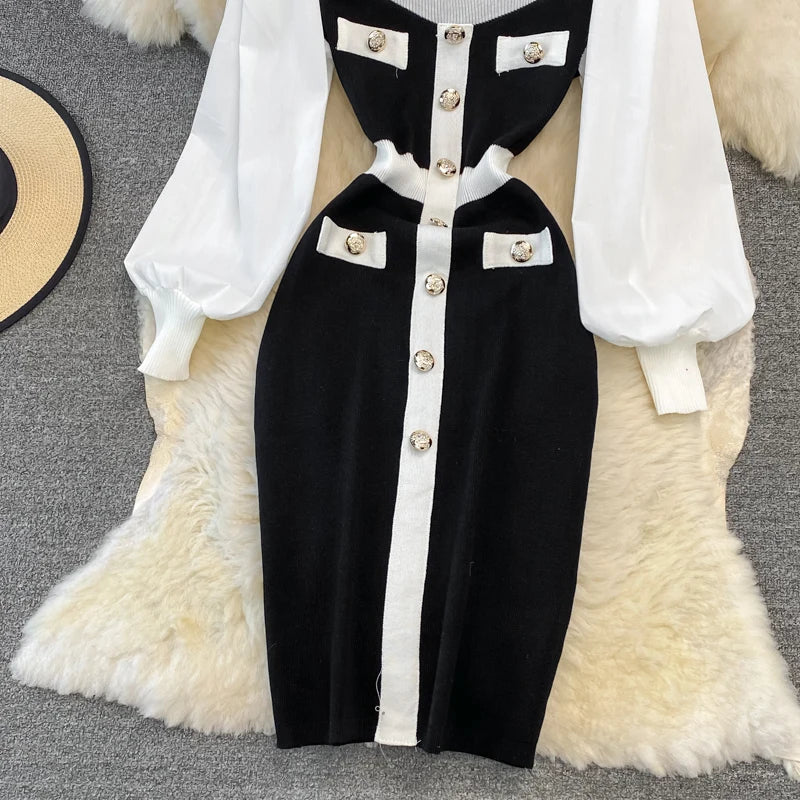 Vintage Elegant Patchwork Square Neck Long Sleeve Knit Dress Casual Women Fashion High Waist Summer Spring Hip Wrap Dress