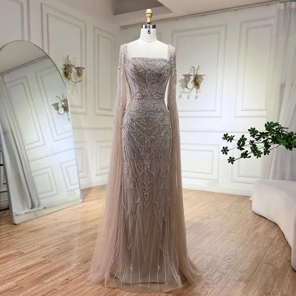 SERENE HILL 2024 Arabic Nude Cape Sleeves Mermaid Dubai Evening Dresses Beaded Luxury Wedding Party Gowns For Women GLA72261