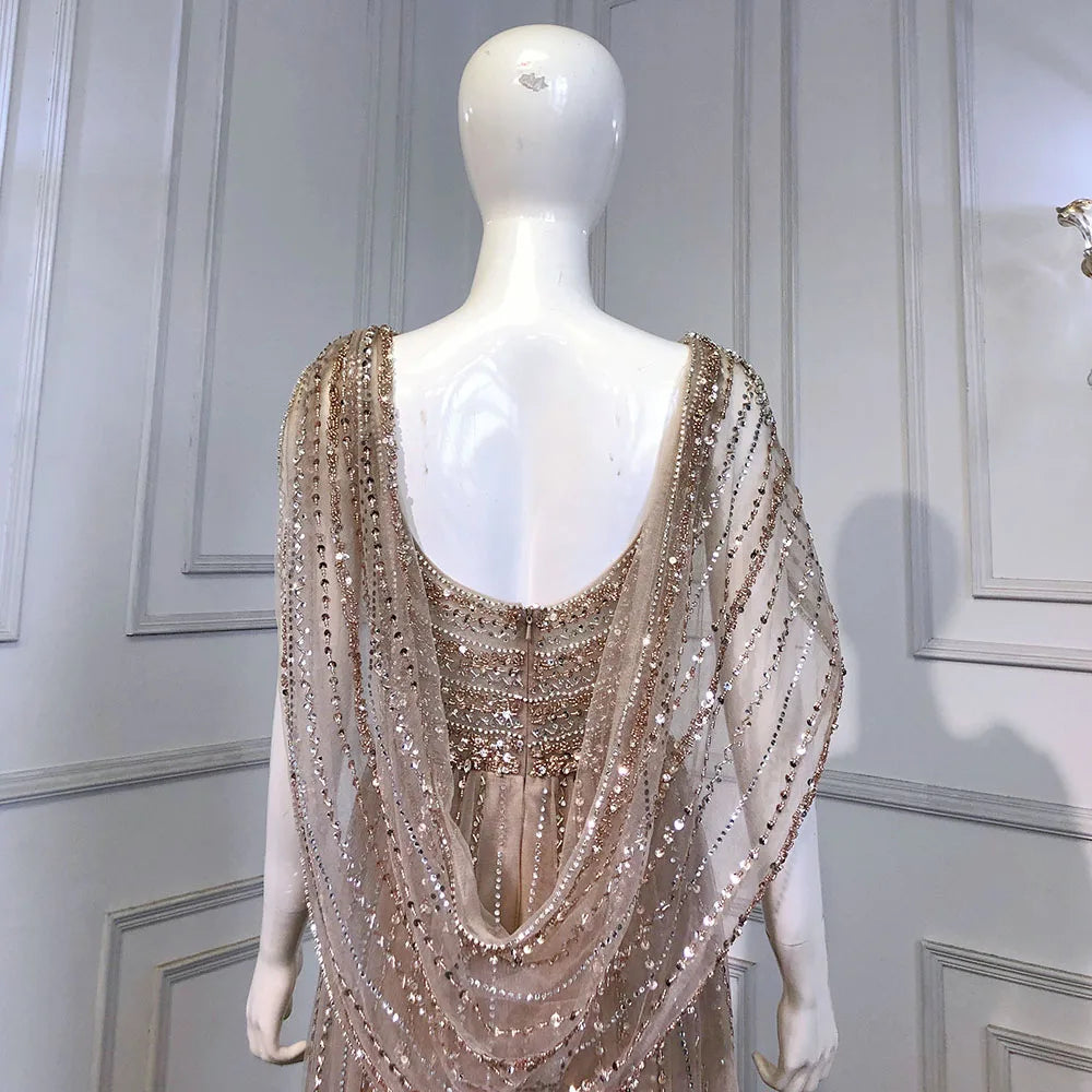 Luxury Champagne Split Evening Dresses 2024 Diamond Beaded Sleeveless Mermaid Formal Serene Hill LA70301