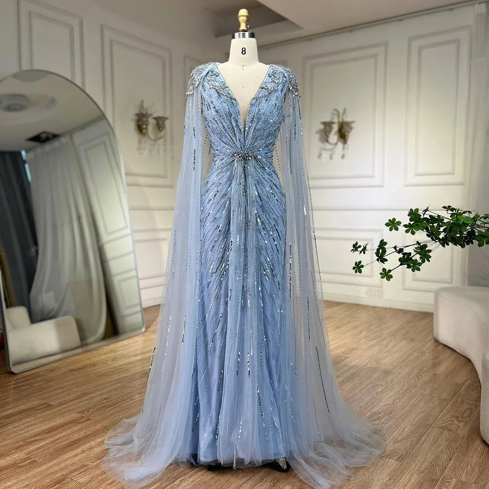 Serene Hill Turquoise Mermaid Evening Dresses Gowns 2024 with Beaded With Cape for Women's Wedding Party LA72168A