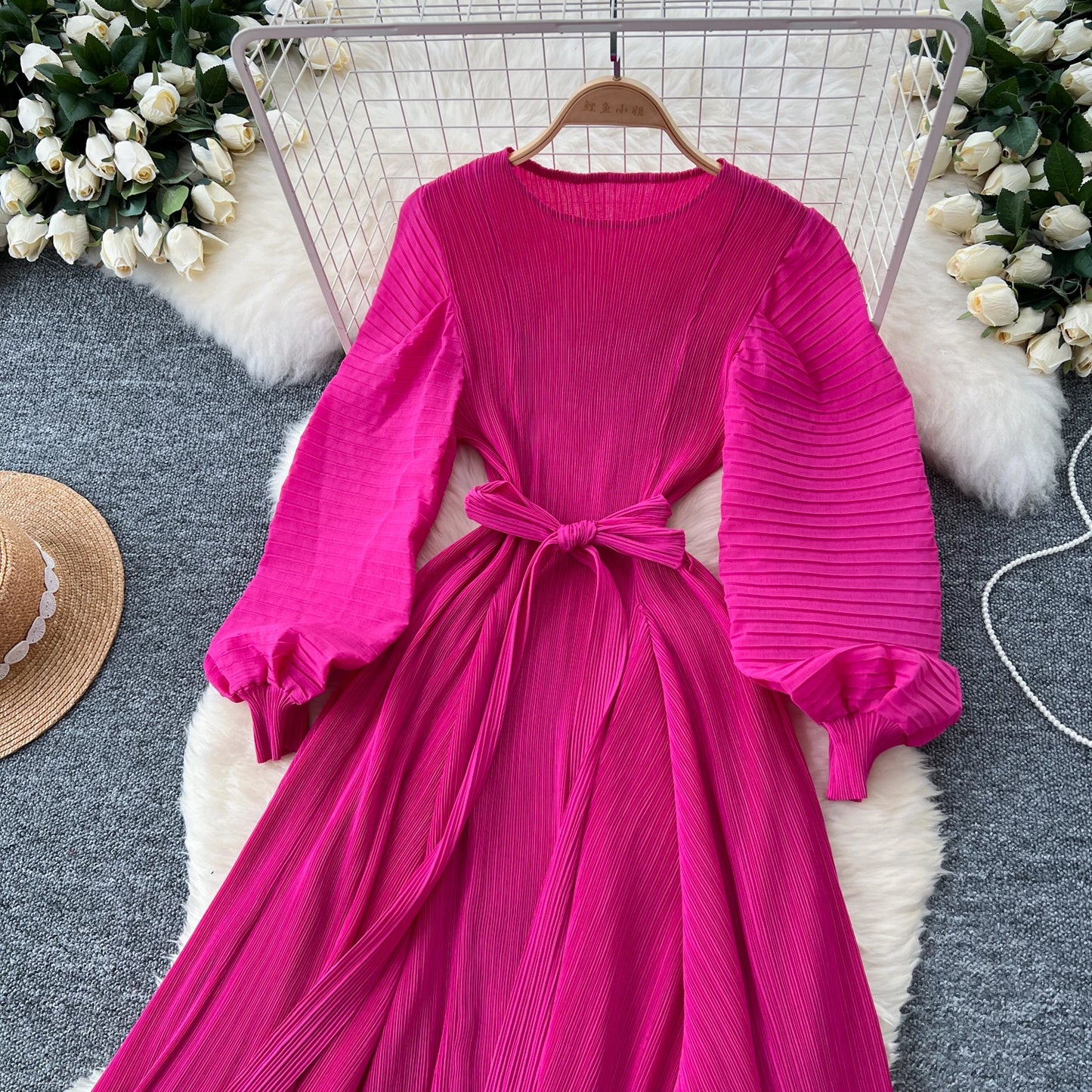 Vintage Elegant Lantern Sleeve Sweet Pleated Dress Women Basics Fashion Summer Spring Dresse