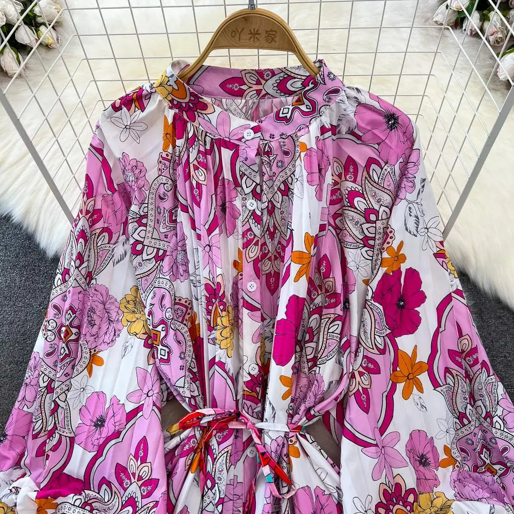 Elegant Women Casual Floral Print Party Dress Vintage Lantern Sleeve A-Line Pleated Prom Birthday Clothes Female Fashion Robe