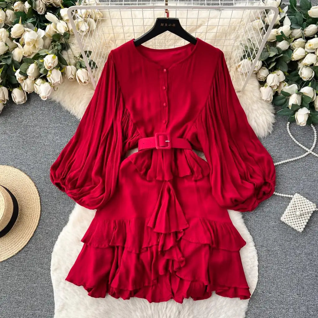 Vintage Puff Sleeve Ruffle Dress Women O-Neck A-Line Elegant Casual Party Prom Dresses Korean Autumn Fashion Female Vestidos New