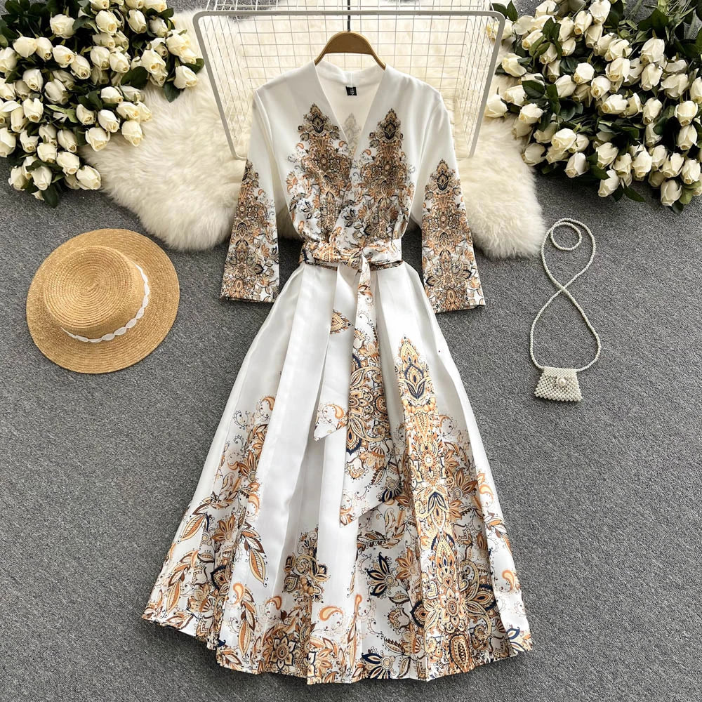 Pinkou Women Elegant Print Maxi Dress Cross V Neck Bow Tie Sashes Three Quarter Sleeve Female Chic Wrap Dresses Vestido QA815