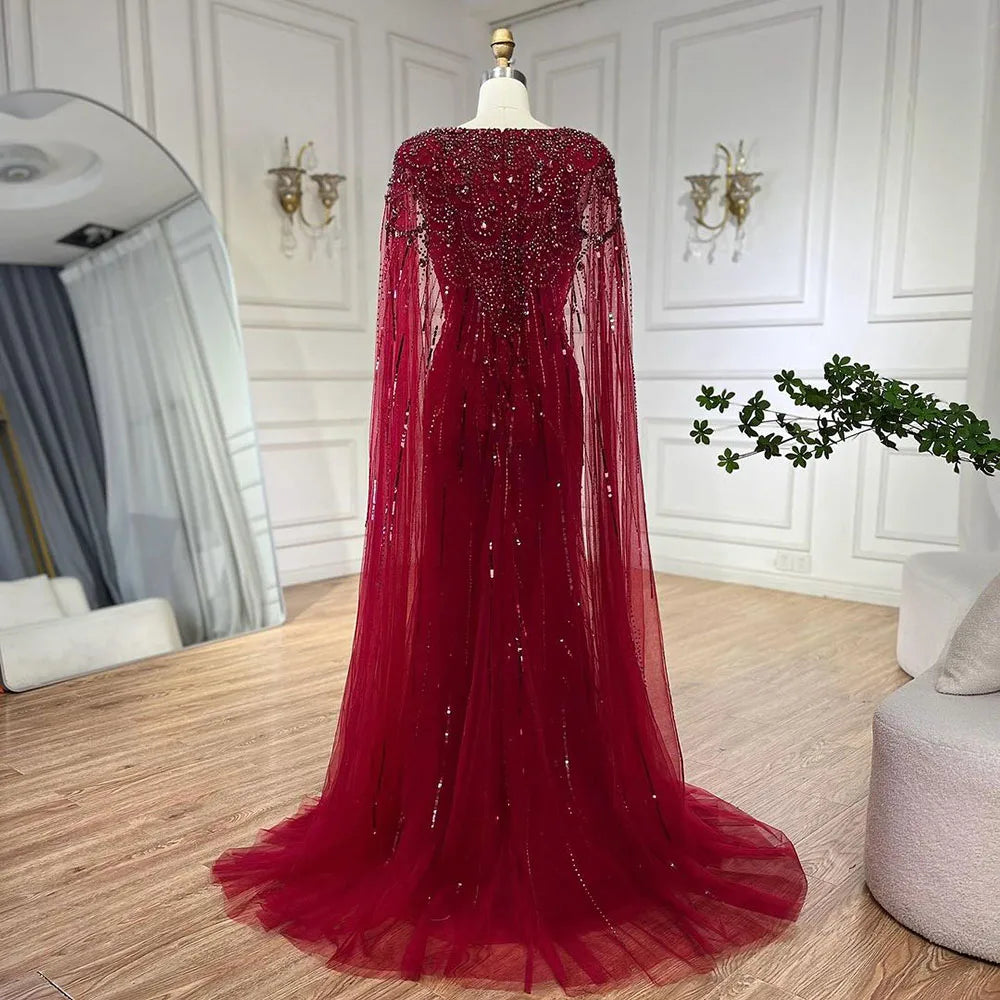 Serene Hill Turquoise Mermaid Evening Dresses Gowns 2024 with Beaded Cape Sleeves Design for Women's Wedding Party BLA72168A