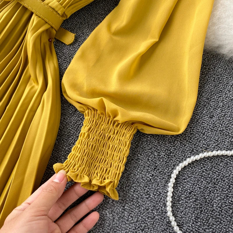 Chic Pleated Elegant Puff Sleeve Dress A-line Chiffon High Waist Belt Beach Vacation Party Dress Women Summer Spring Vestidos