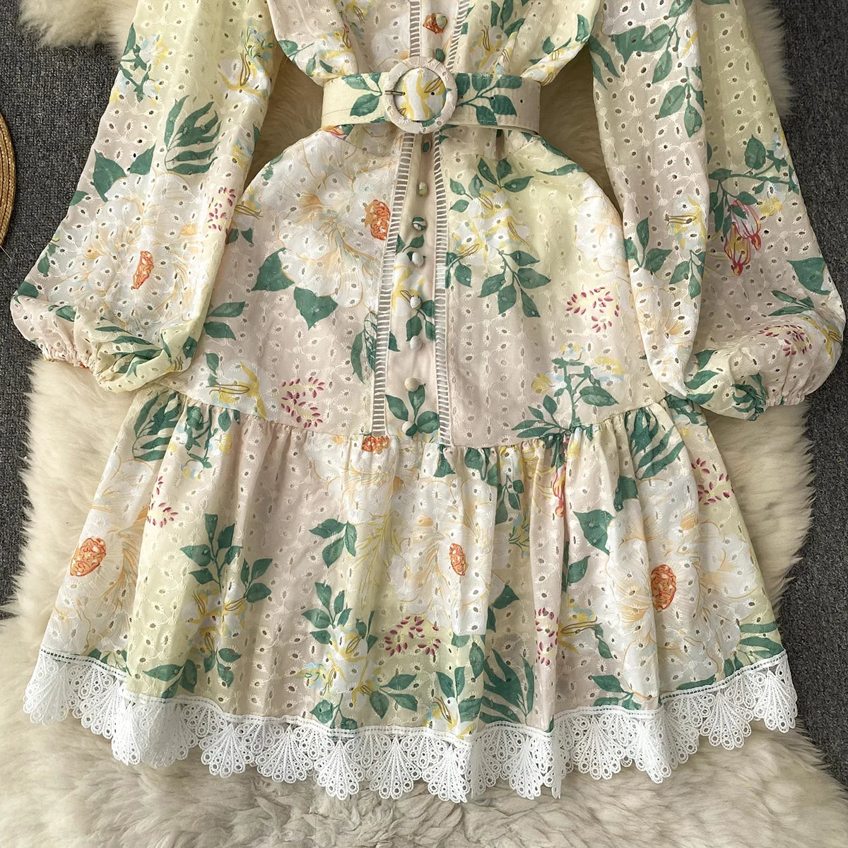 Elegant Party Dresses Woman Lace Trim Cutwork Embroidery Vintage Floral Print Dress 2023 New In Long Sleeve Mini Dress With Belt