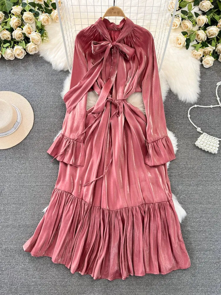 Elegant and Chic Solid Evening Dresses for Women Fashion New Bow Lace Up Flare Long Sleeve A-Line Vestidos Autumn Female Clothes