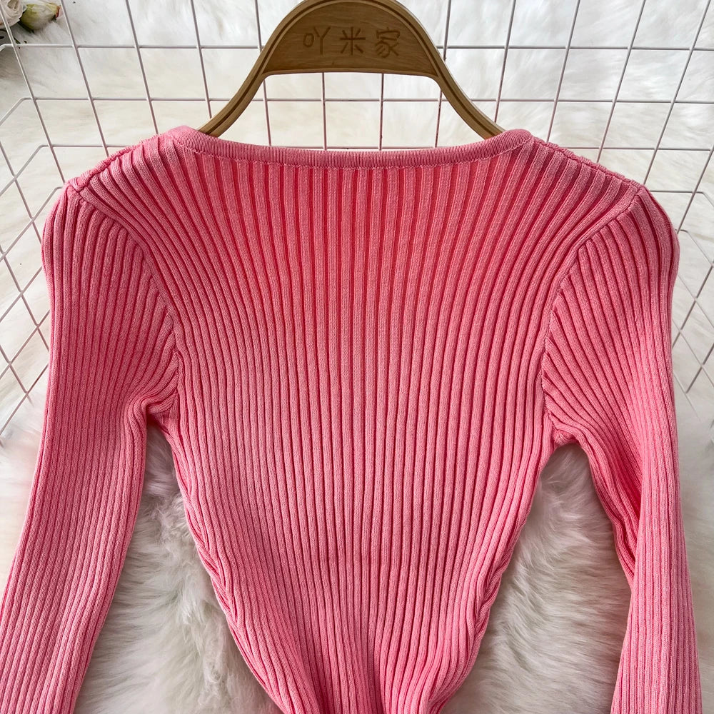 Women Chic Elegant Long Sleeve Bodycon Vneck Dress Sexy French Fashion Knit Wrap Vestidos Elastic Slim Pencil Sweater Dress