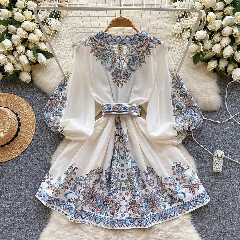 Bohemian Dresses For Women 2024 V Neck 3/4 Sleeve Spring Summer Vacation Mini Dress With Belt Boho Vintage Paisley Print Dress