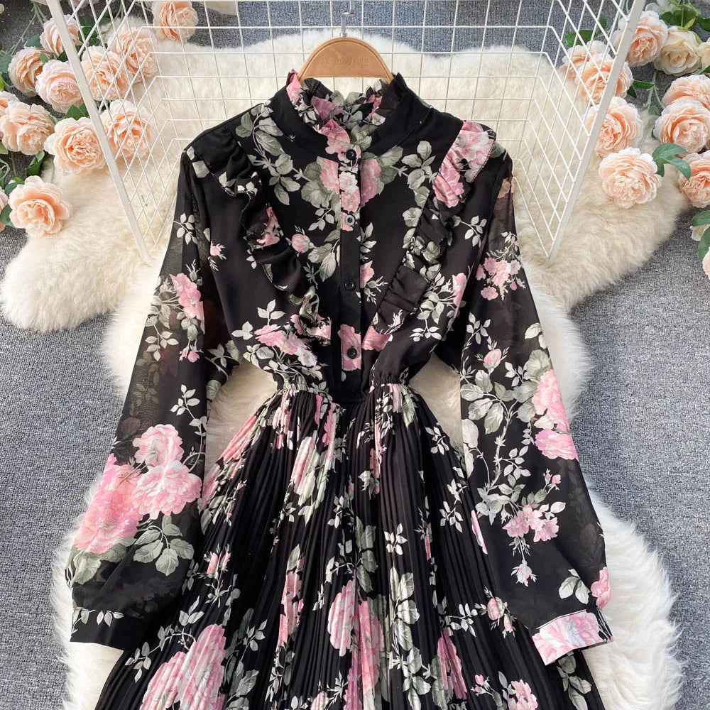 Retro Floral Print Pleated Elegant Chiffon Maxi Dress A-line Fashion Beach Vacation Party Dress Women Summer Spring Vestidos