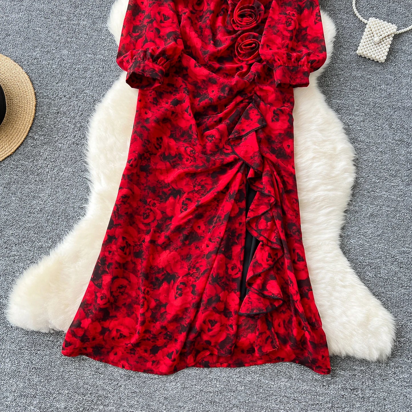 Chic French Sexy Pleated Floral Print Elegant Ruffle Dress Vintage Split Slim High Street Evening Women Autumn Winter Clothing