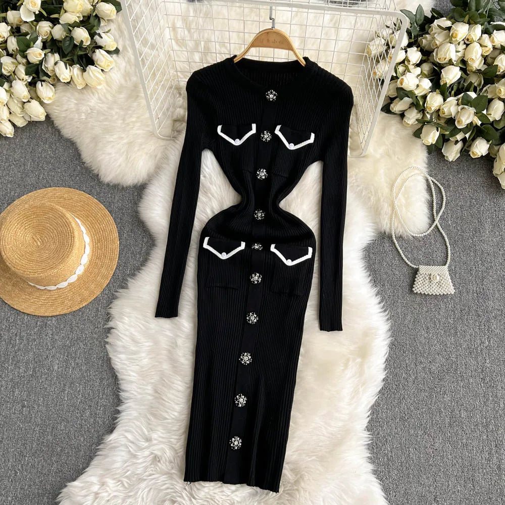 Women Elegant Chic Long Sleeve Sexy Slim Bodycon Dress Vintage Korean Fashion Knit Tight Vestido Autumn Winter Sweater Robe