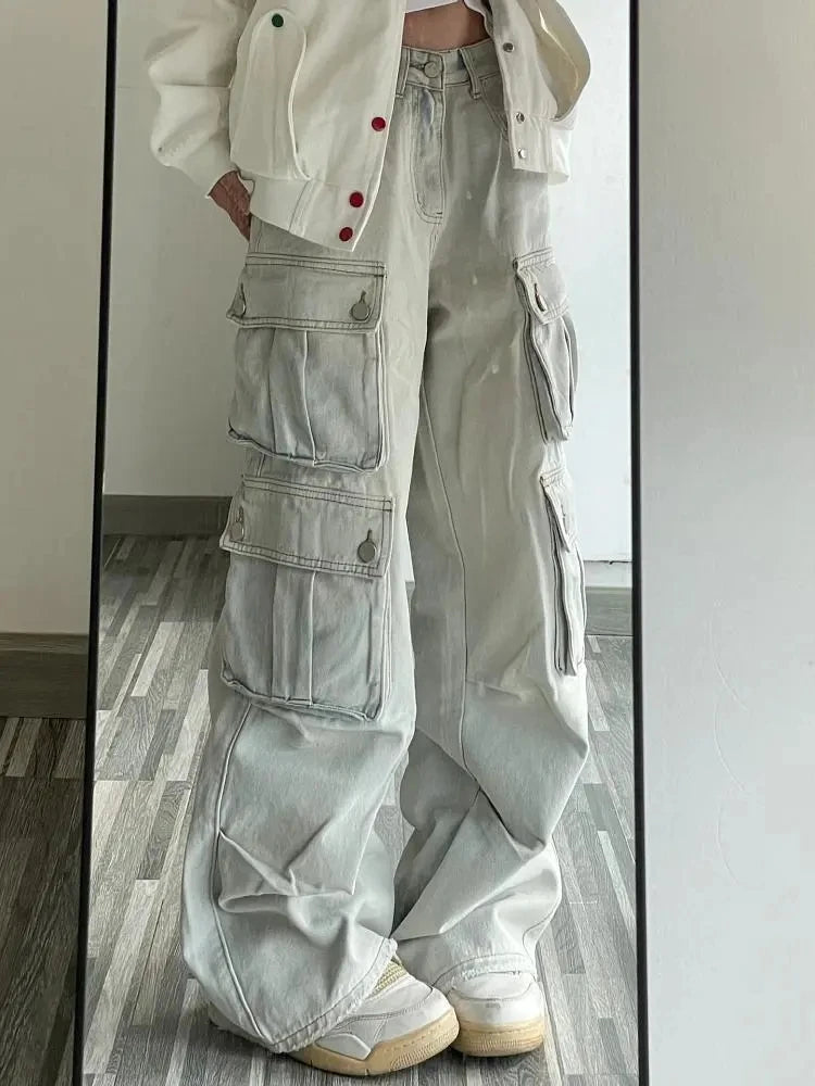Wide Leg Cargo Pants for Women High Waist Denim Pants with Pockets Baggy Trendy Causal Hip-Hop Y2K Streetwear Spring