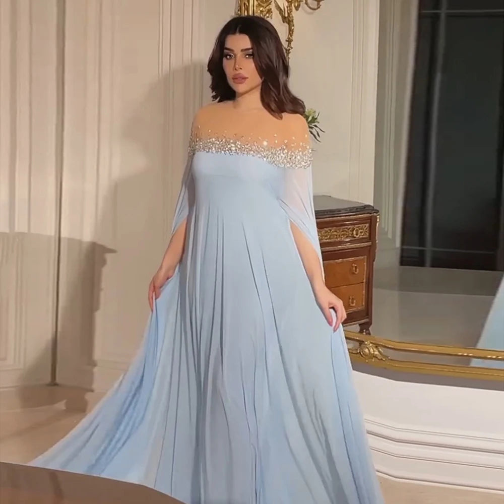 Serene Hill 2024 Arabic Luxury Crystal Dubai A-Line Baby Blue Evening Dress with Elegant Kaftan for Formal Occasion LA72766