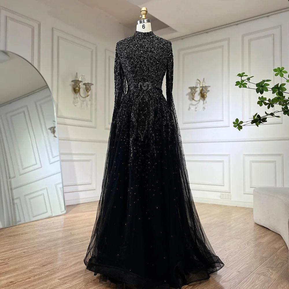 Serene Hill Blue A-Line High-end Beaded Luxury Cape Sleeves Evening Dresses Gowns 2024 For Woman Party Plus Size LA70066B