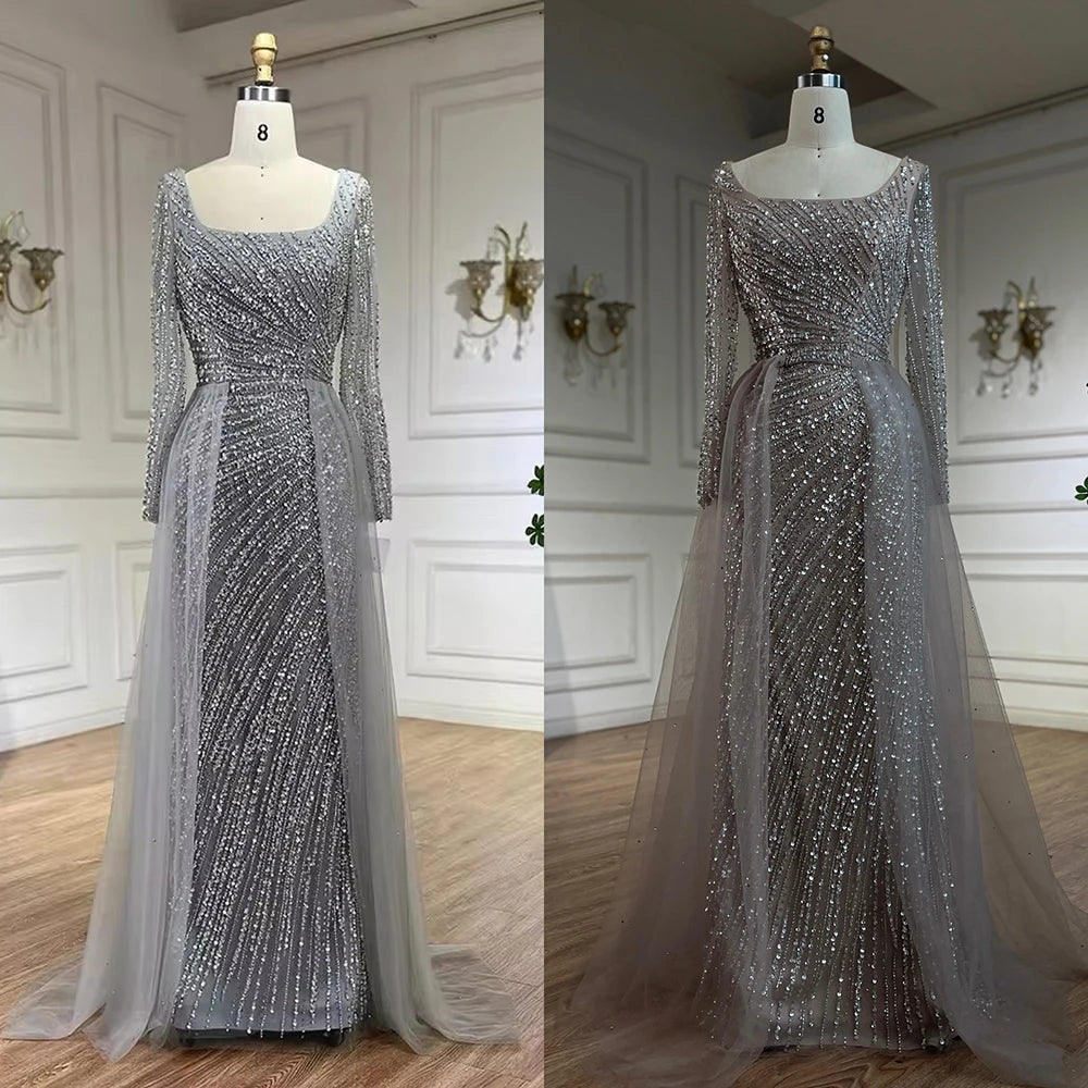 SERENE HILL 2024 Arabic Dubai Silver Gray Beaded Mermaid Evening Dresses Long Sleeves Gown With Skirt For Women Party GLA71618L