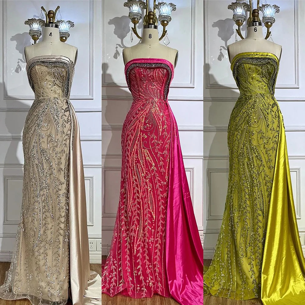 Serene Hill 2024 Arabic Nude Strapless Satin Mermaid Beaded Luxury Dubai Evening Gown with Side Skirt for Women's Party BLA72665