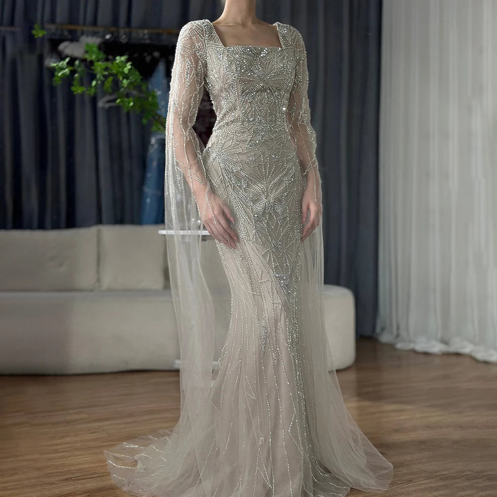 Serene Hill 2024 Arabic Nued Cape Sleeves Mermaid Saudi Evening Dresses Beaded Luxury Party Gowns for Formal Occasion LA72261B