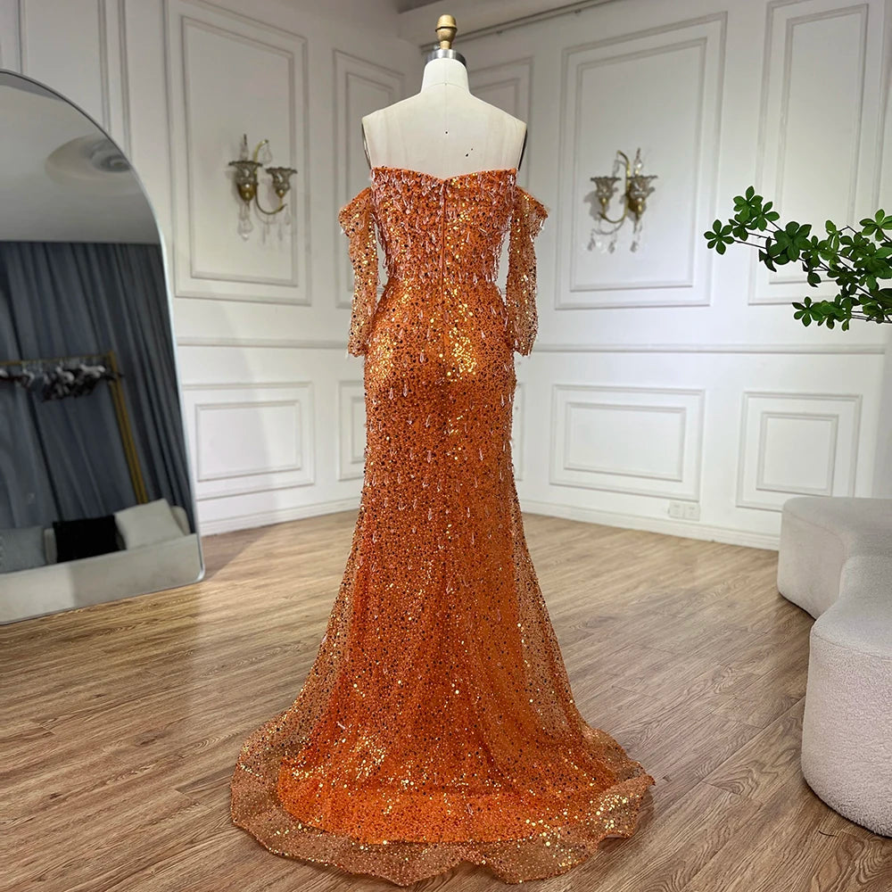 Serene Hill Arabia Orange Mermaid Strapless Luxury Beaded Crystal Evening Dresses Gowns for Women Wedding Party 2024 LA72402