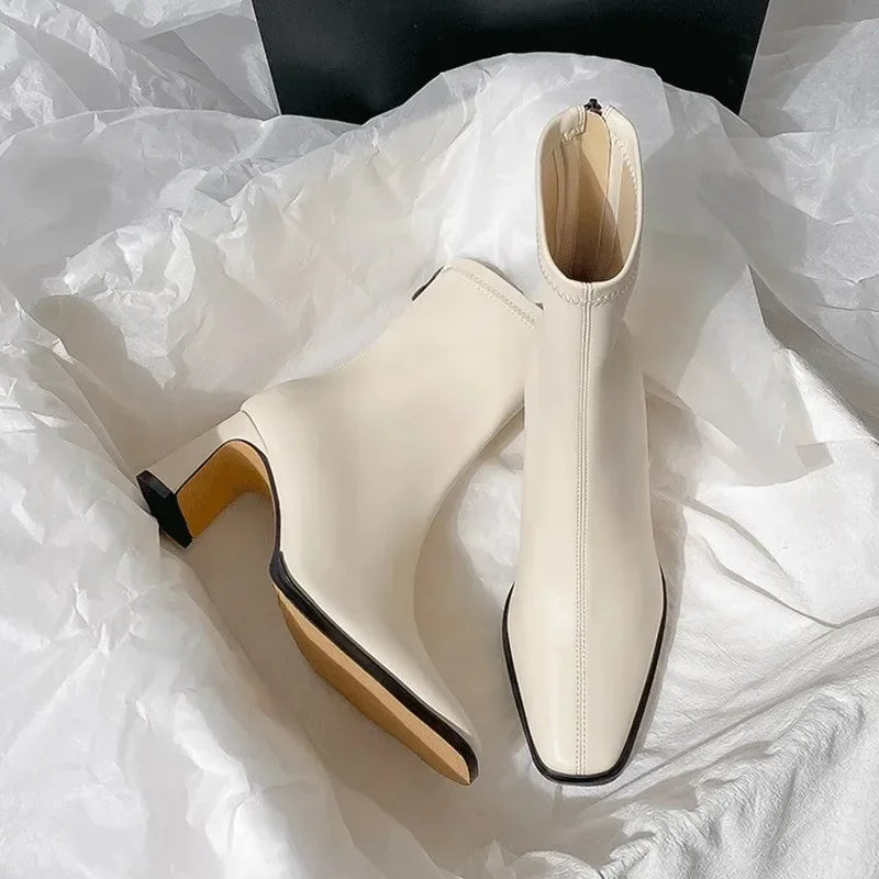 New Women's Ankle Boots Women Winter Black Sexy Square Head Low Heels Footwear Zip Comfy Short Boots White Stretch Tight Boots