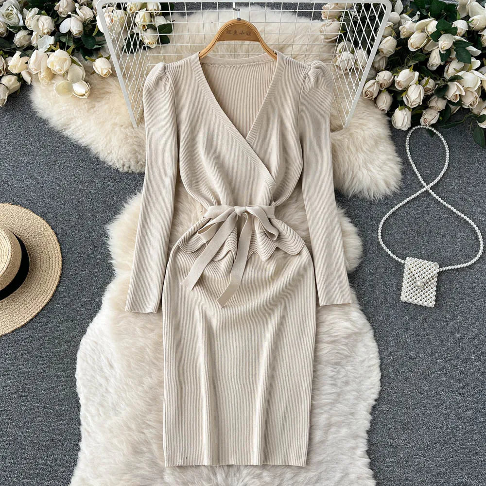 Women Long Sleeve V Neck Sexy Knit Bodycon Dress Chic Vintage Lace Up French Fashion Vestidos Party Elegant Fashion Dresses Y2k
