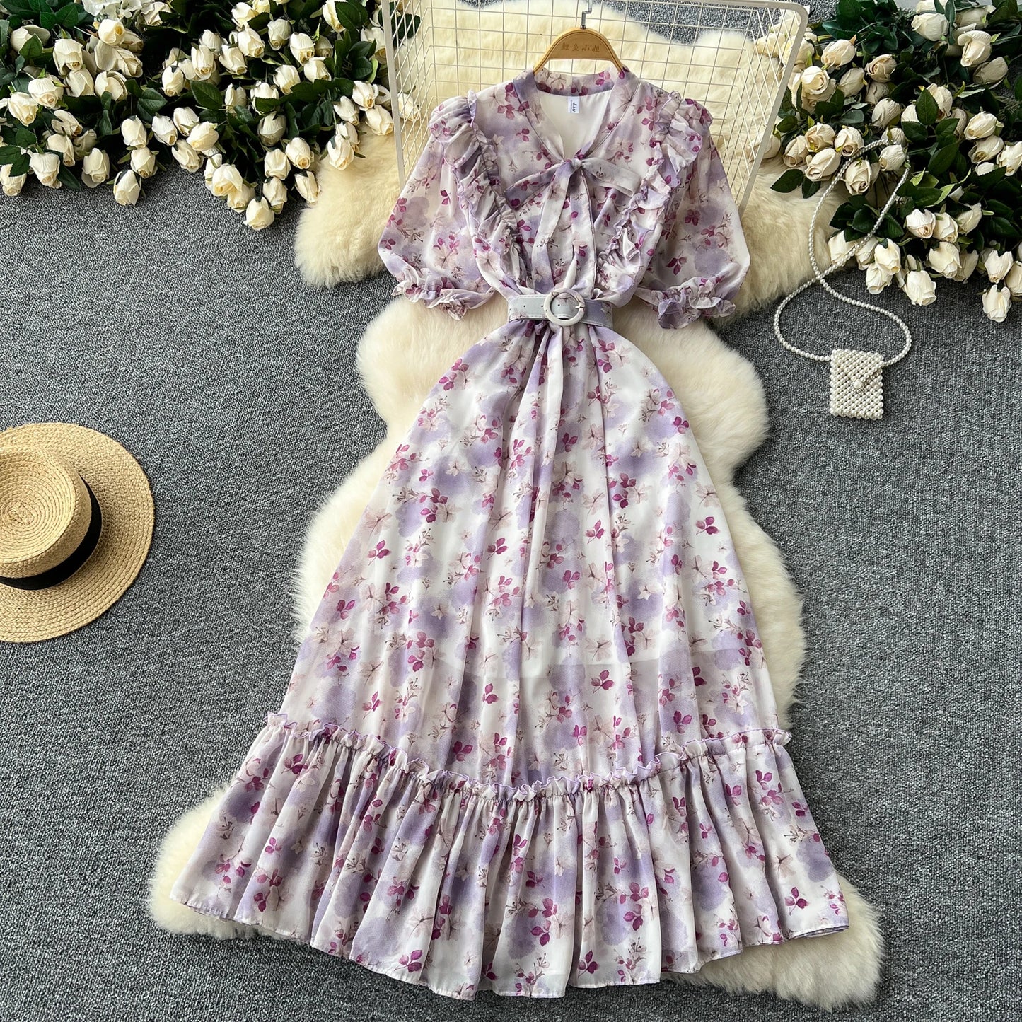 French Vintage Ruffle print chiffon Bandage Bow Puff Sleeves short Sleeves Dress Casual Women Fashion summer dresses