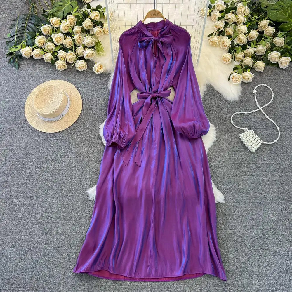 Autumn Elegant Women Fashion Party Long Dress Bow Lace Up Long Sleeve Evening Dresses A-Line Casual Vestidos One Piece Prom Robe