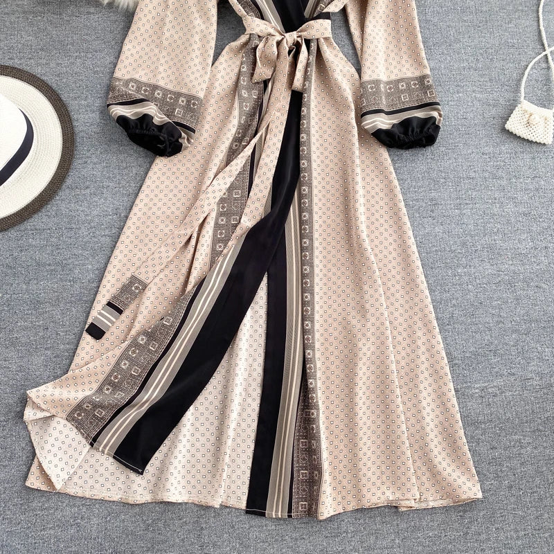 Vintage Print Elegant Puff Sleeve One Piece Dress A-line Lace-up Beach Vacation Midi Dress Women Fashion Spring Autumn Vestidos