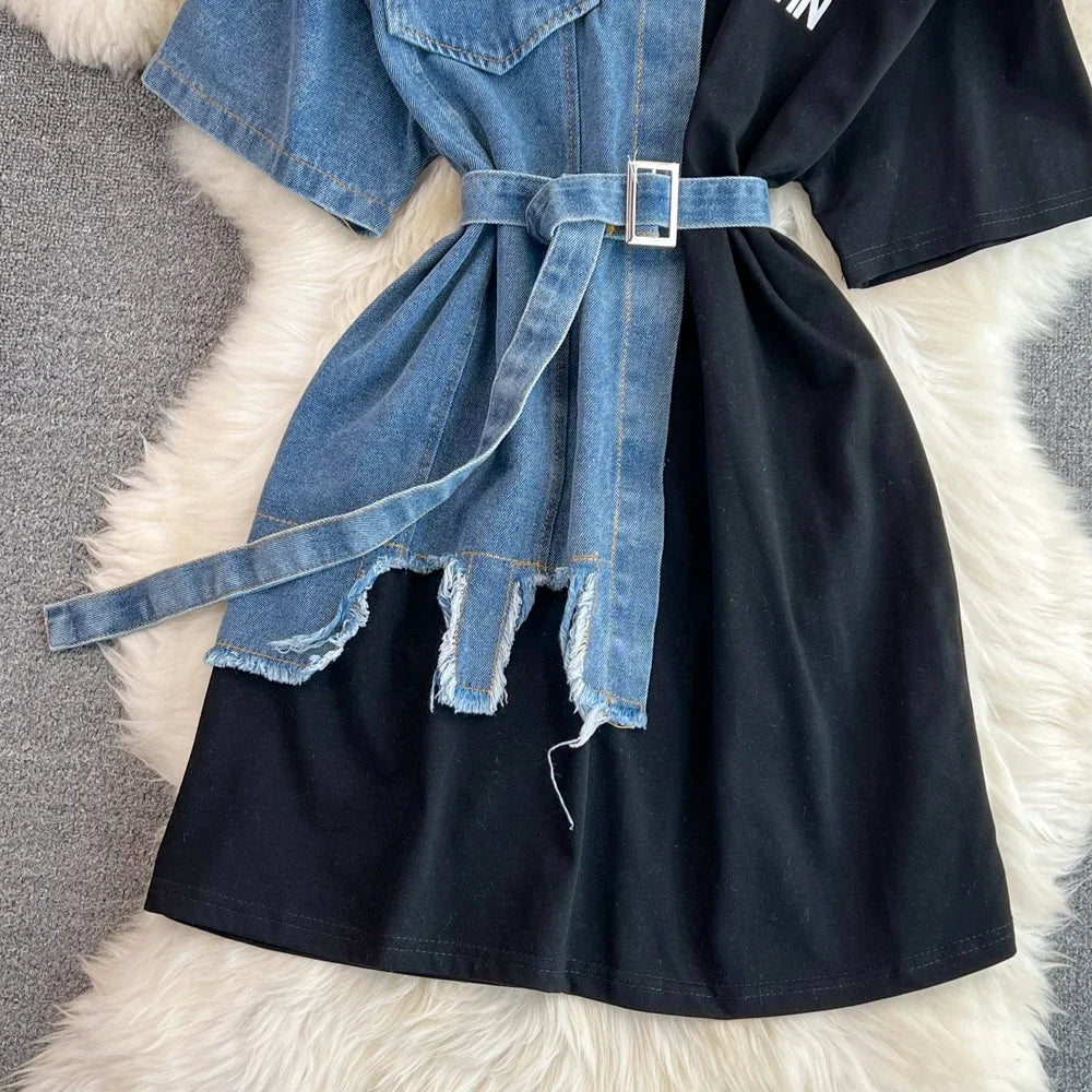 Women Summer Casual T Shirt Short Sleeve Streetwear Patchwork Denim Long Shirts Female O-neck Slim Jeans Tops