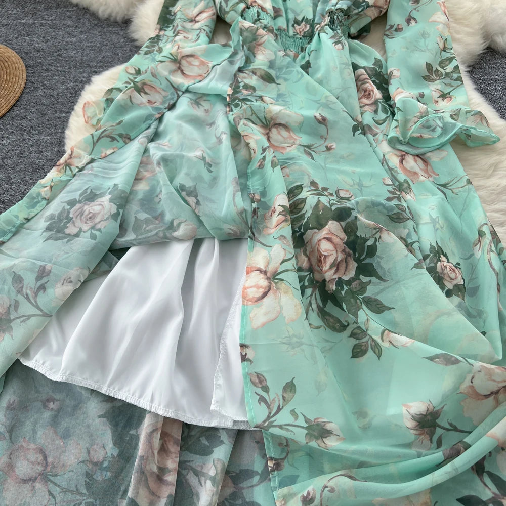 Women Elegant Floral Print Dress for Women Vintage V-Neck Long Sleeves Chiffon Slim A-Line Vestidos Mujer Autumn Female Clothes