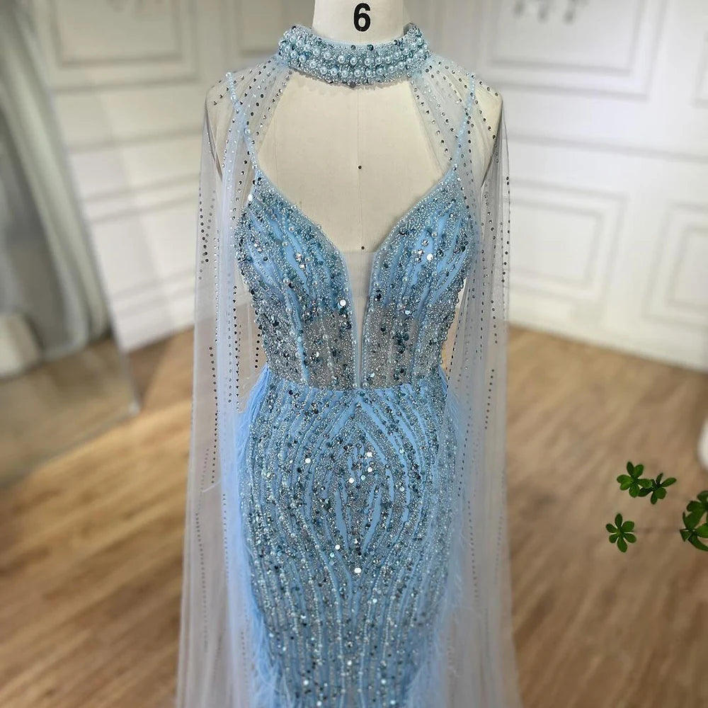 SERENE HILL 2024 White Nude Mermaid Beaded Feathers Luxury Evening Dresses Midi Gown With Cape For Women Wedding Party GLA72047A
