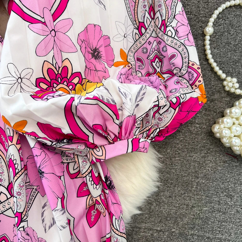 Elegant Women Casual Floral Print Party Dress Vintage Lantern Sleeve A-Line Pleated Prom Birthday Clothes Female Fashion Robe