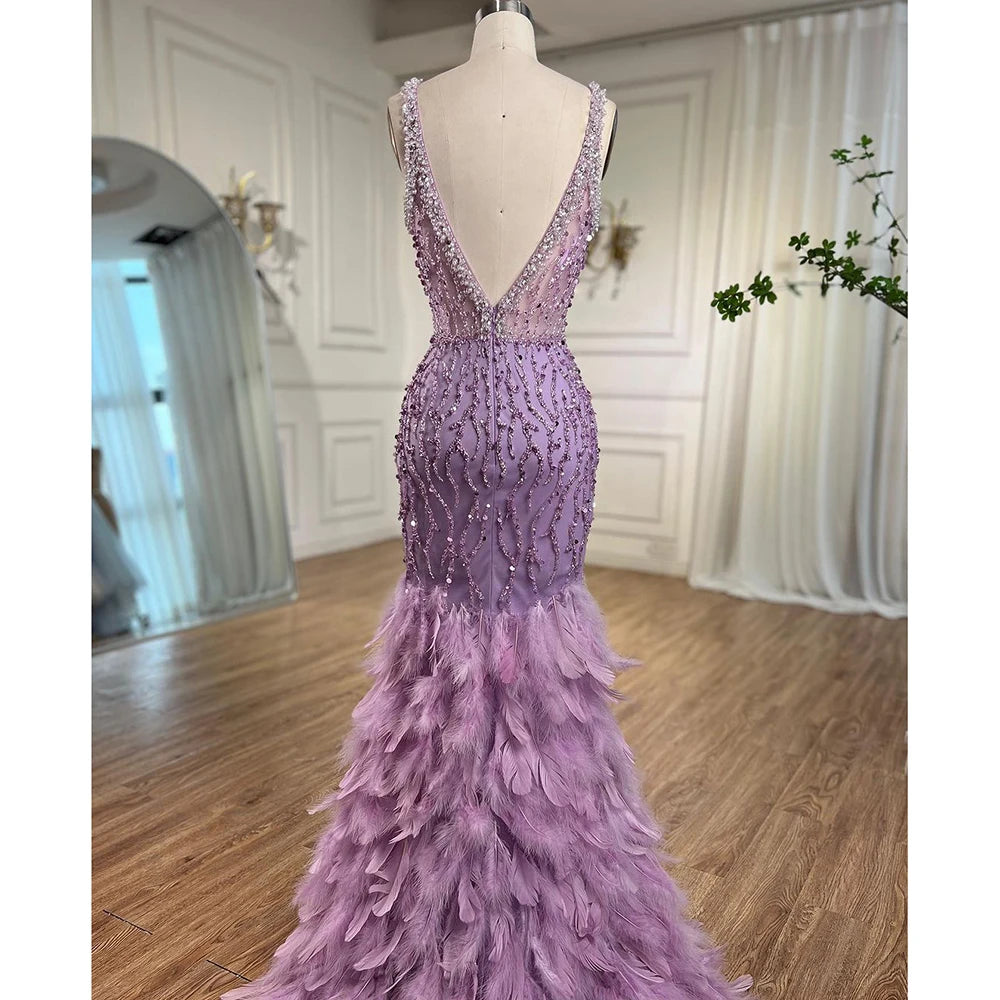 Serene Hill Pink Mermaid High Split Luxury Evening Dresses Feather Beaded Gowns Long 2024 For Women Wedding Party LA72152