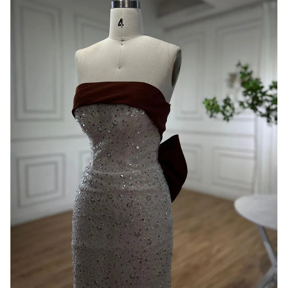Serene Hill Arabic Beige Elegant Mermaid Strapless Beaded Evening Dresses 2024 Gowns For Women Wedding Party LA72065