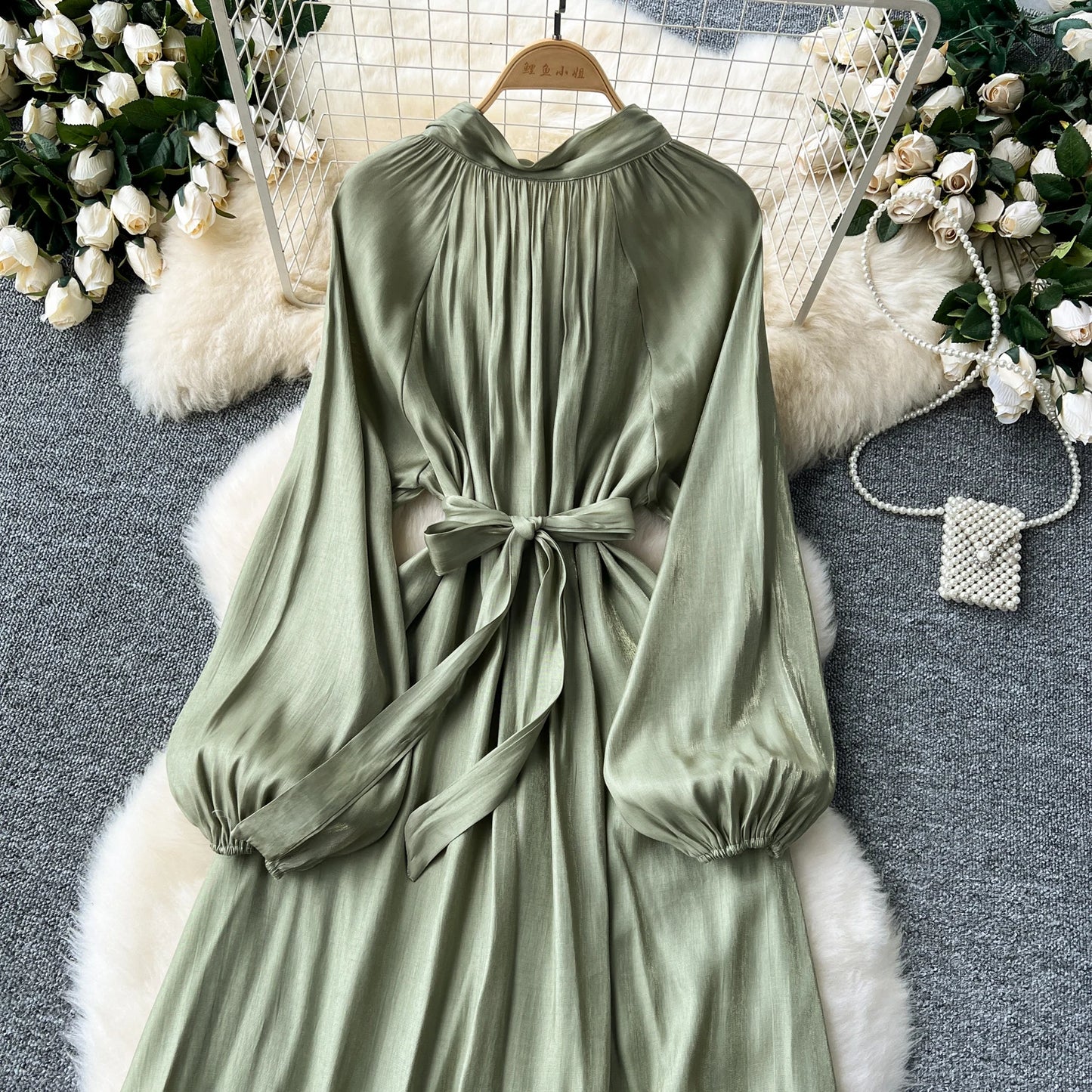 French Vintage Pleated lool sleeve print Lace-up Bow sweet Dress Casual Women Fashion summer dresses