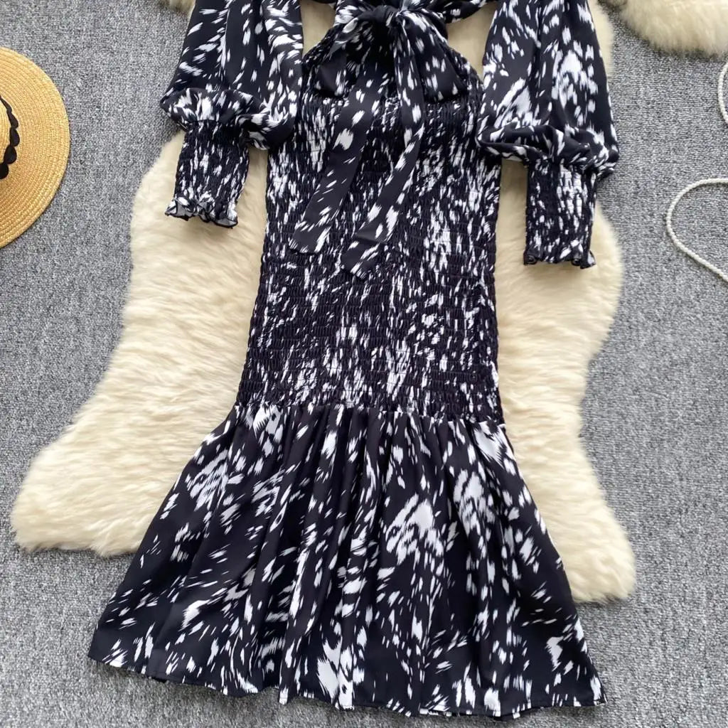 Women Casual Vintage Print Ruffle Long Dress Autumn Elegant V Neck Lantern Sleeve Party Mermaid Dresses Holiday Female Mujer New