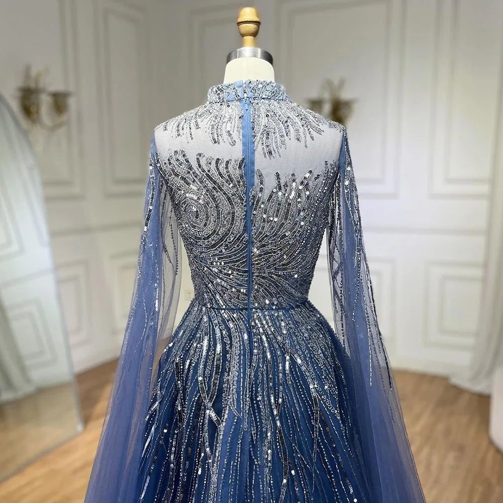Serene Hill Caramel Luxury Evening Dresses with Cape Sleeves A-Line Beaded Lace Gown For Women's Wedding Party 2024 LA72386
