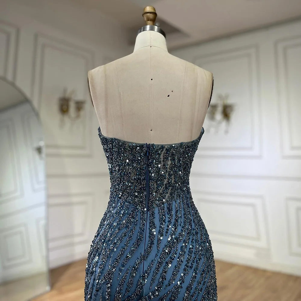 Serene Hill 2024 Arabic Strapless Blue Beaded Feathers Luxury Dubai Evening Gowns with Side Skirt for Women's Party LA72695