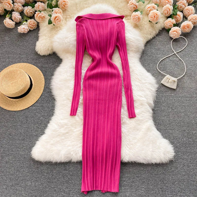 Women Chic Elegant Long Sleeve Split Bodycon Midi Dress Sexy French Fashion Knit Wrap Vestidos Elastic Slim Pencil Sweater Dress