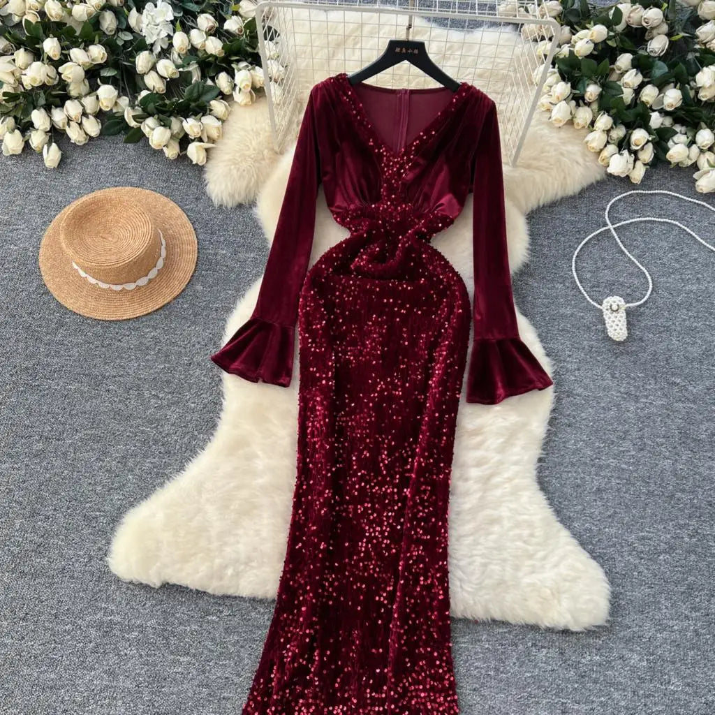 Women's Sexy Velvet Evening Gown Luxury Dresses V-Neck Flare Sleeve Split Long Dress Fashion Slim Robe Birthday Party Autumn New