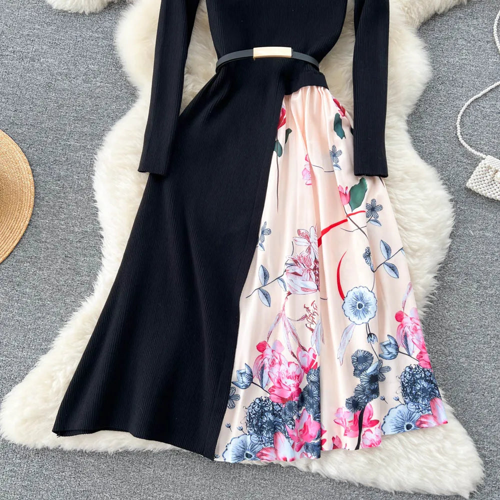 Elegant Chic Print Patchwork Knit Dress French Long Sleeve Party A-line Vestidos High Waist Basic Slim Women Autumn Winter Dress