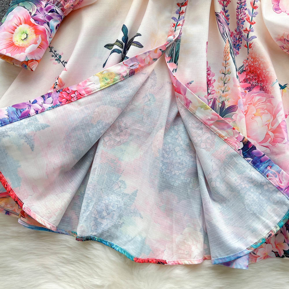 Chic Print Ruffle Elegant Puff Sleeve Dress A-line Casual Belt Beach Vacation Mini Dress Women Fashion Summer Spring Vestidos