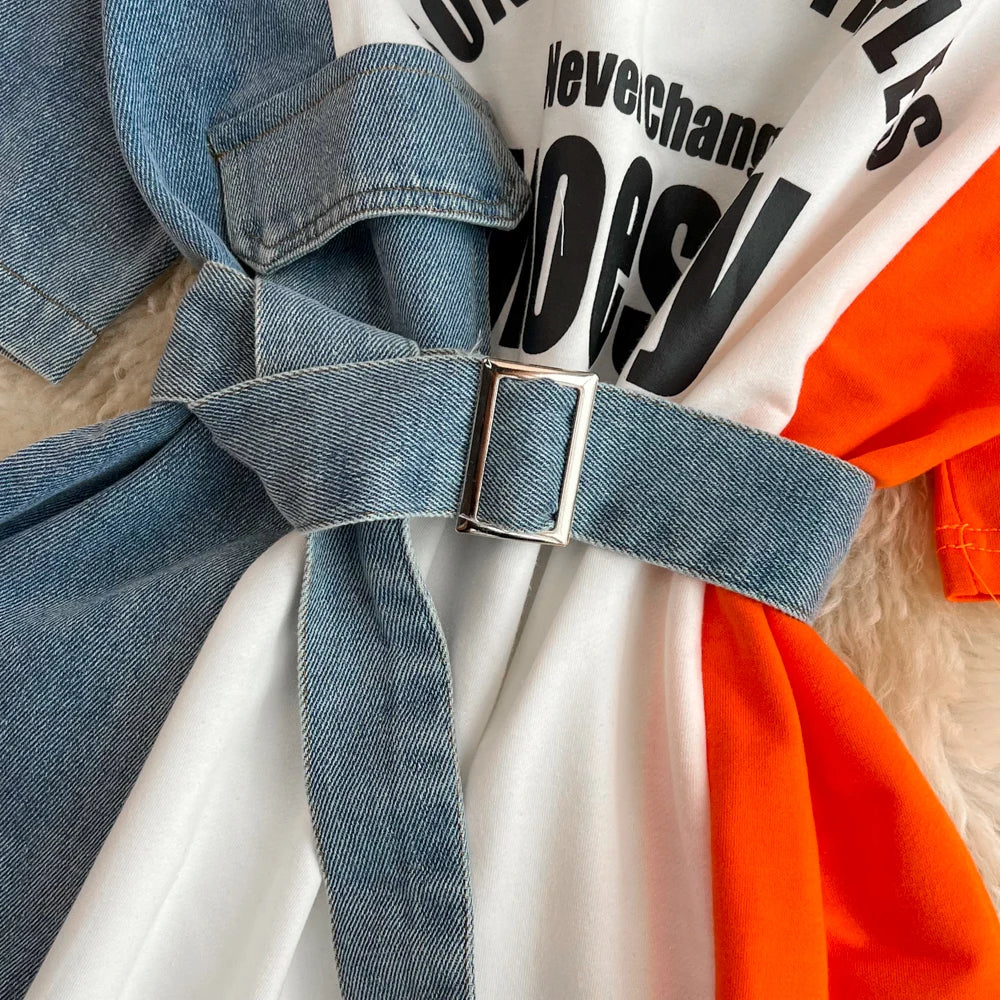 Women Summer Casual T Shirt Short Sleeve Streetwear Patchwork Denim Long Shirts Female O-neck Slim Jeans Tops