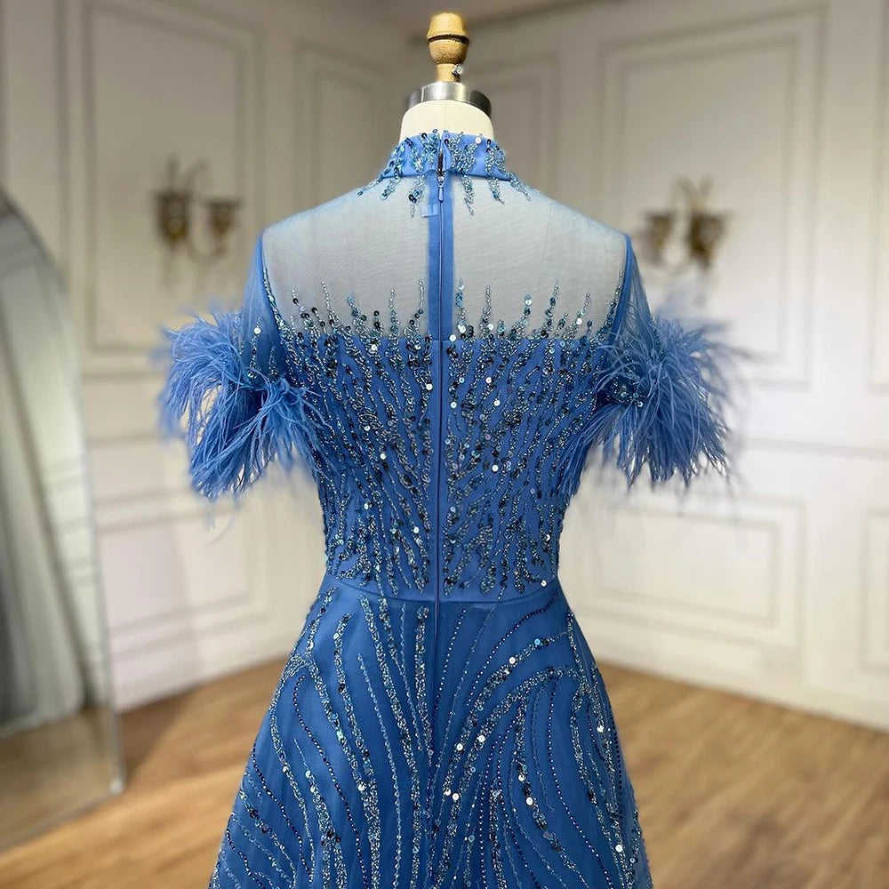 Serene Hill 2024 Arabic blue A Line Short Sleeveless Luxury Evening Dresses Beaded Feathers For Women Wedding Party LA72351