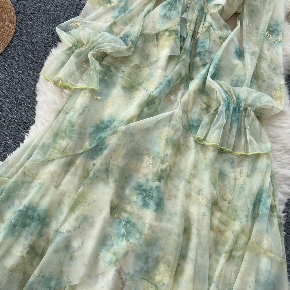 Elegant Bright Silk Print Party Dress for Women Casual Off Shoulder Spaghetti Strap Flare Sleeve Slim Waist Vestidos A-Line Robe