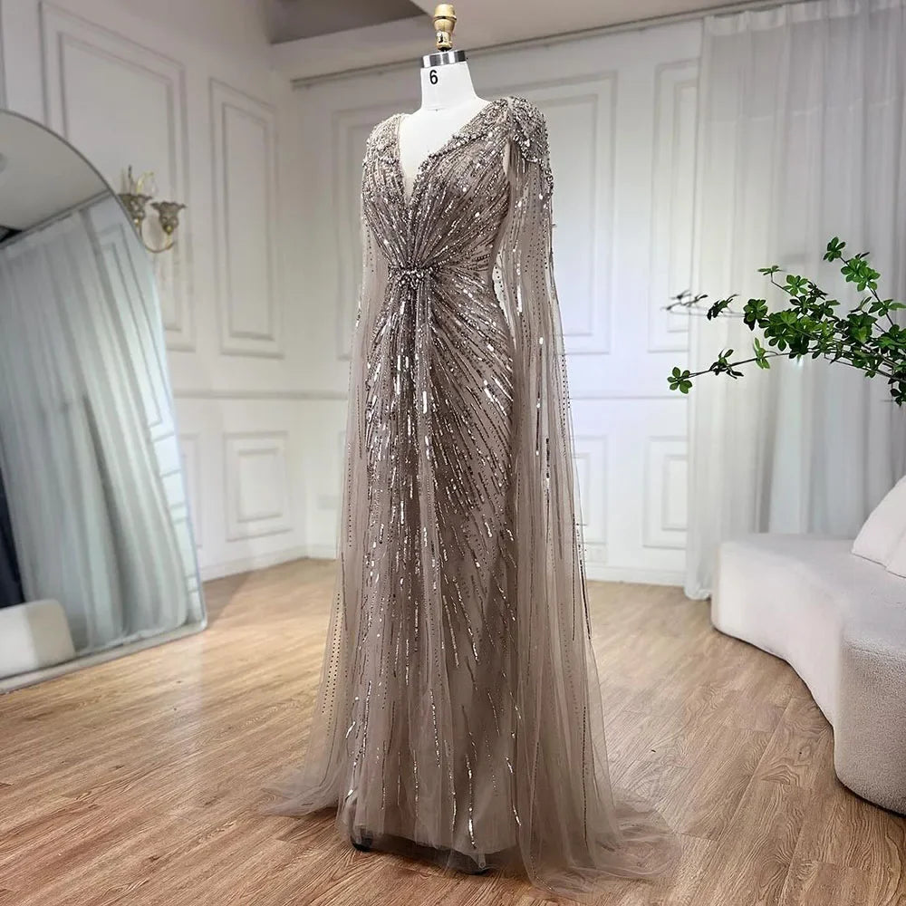 Serene Hill Turquoise Mermaid Evening Dresses Gowns 2024 with Beaded Cape Sleeves Design for Women's Wedding Party BLA72168A