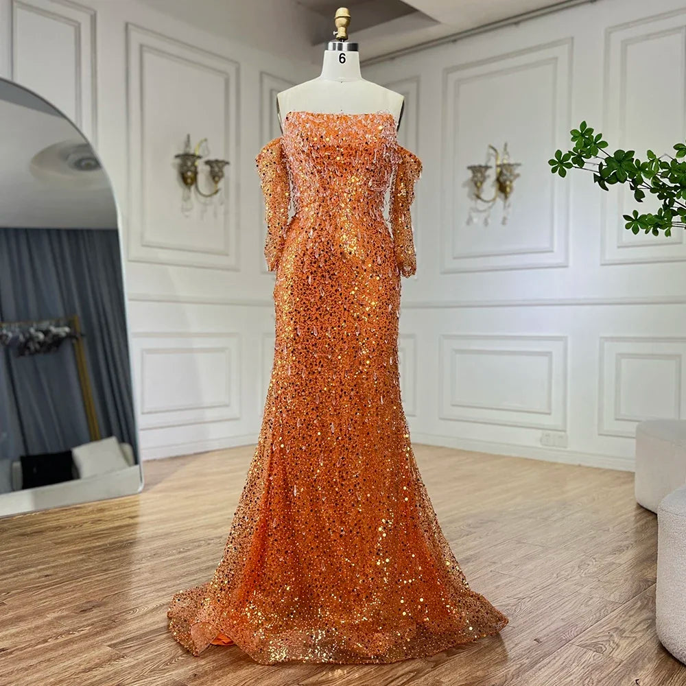 Serene Hill Arabia Orange Mermaid Strapless Luxury Beaded Crystal Evening Dresses Gowns for Women Wedding Party 2024 GLA72402